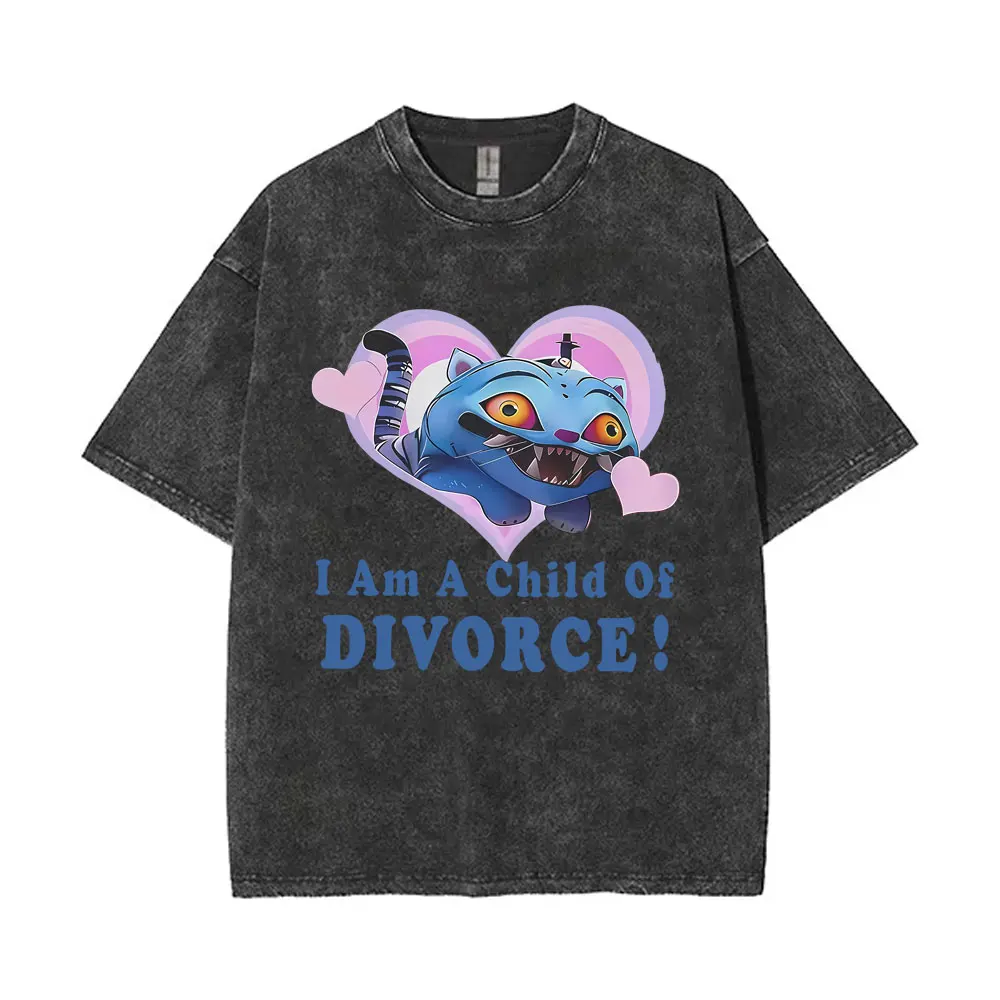 

Washed Vintage Kpop Demon Hunters Derpy Tiger I Am A Child of Divorce Print T Shirt Men Women Cartoon Casual Oversized T-shirts