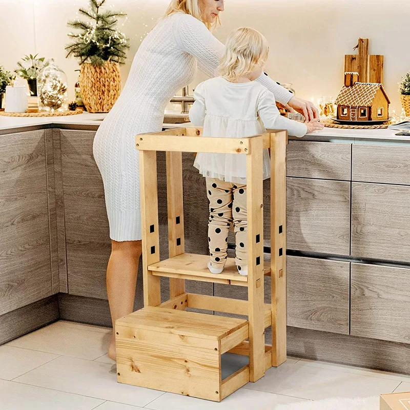 Assistant Stool Adjustable Height Cooking Tower Non-Slip Wooden Kids Step Stool Wooden Learning Tower Toddler Kitchen