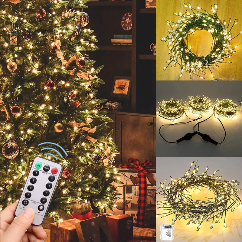 100-300 LED Navidad control remoto centelleo Hada luz verde alambre de cobre cadena de luz para guirnalda decoración de árbol de Navidad