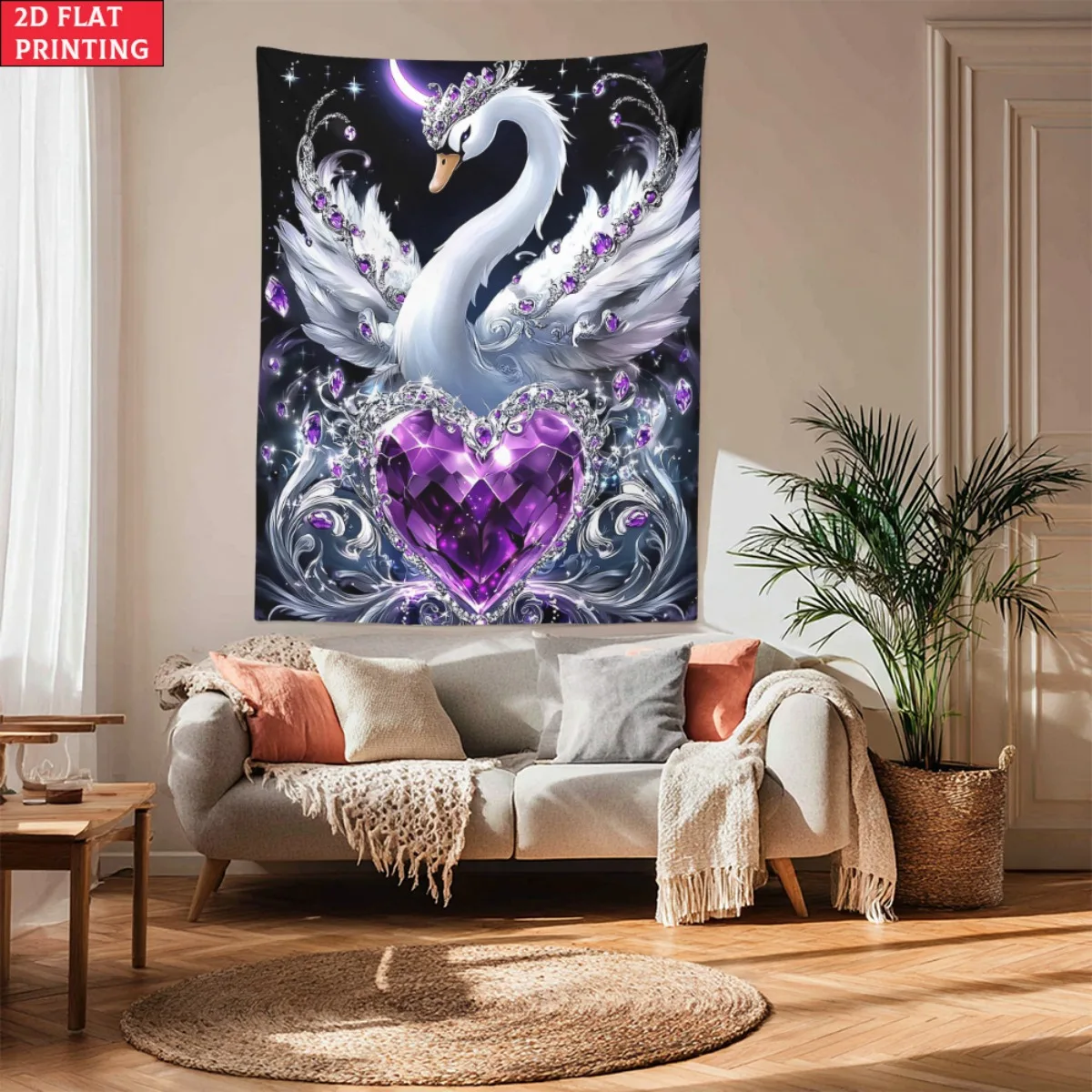 unframed Purple swan heart crystal tapestry romantic fantasy wall art bedroomdecor love theme decorative hanging tapestrydreamy 