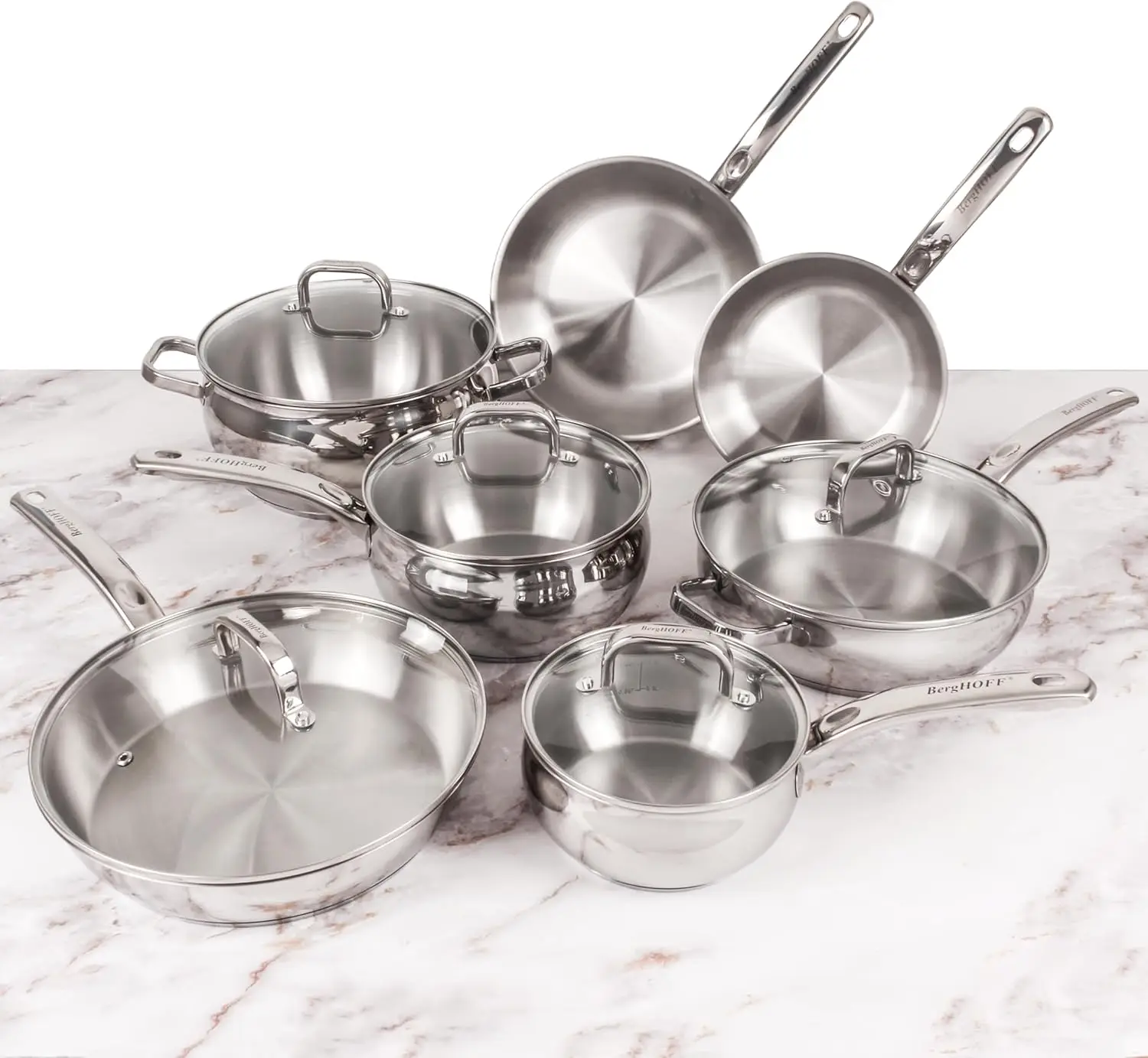 Belly Shape 18/10 Stainless Steel 12Pc Cookware Set, Glass Lids, Fast, Evenly Heat, Induction Cooktop Ready