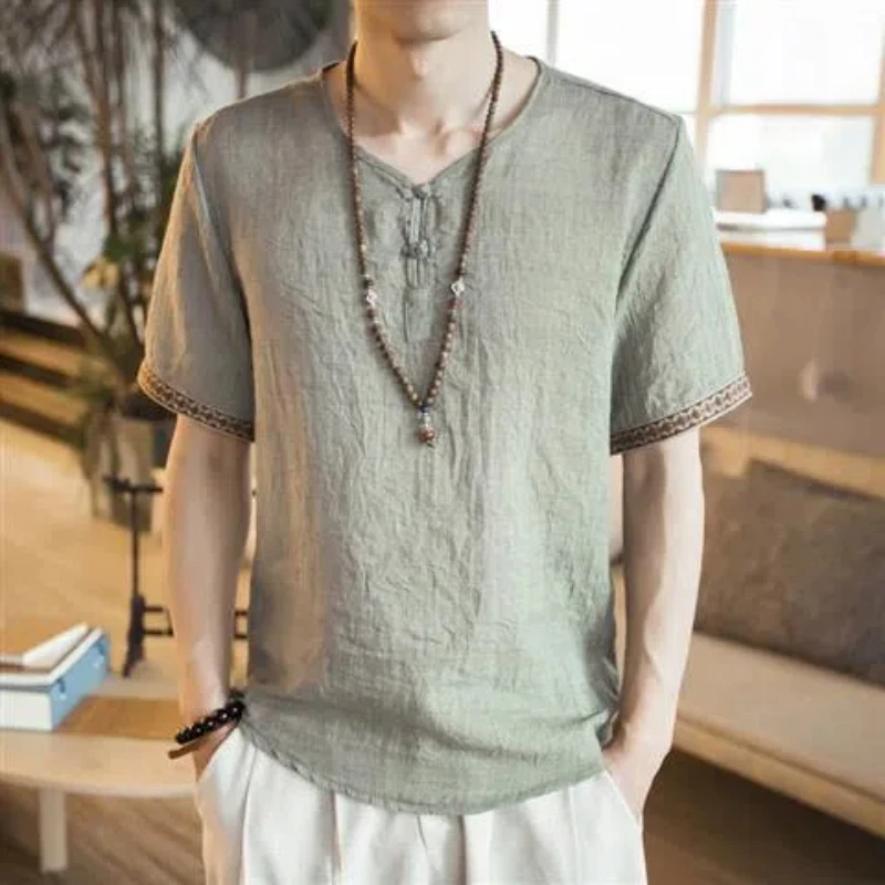 Embroidery Loose Thin Vintage Tops New Summer Simplicity All-match Plus Size Street Casual T Shirts Fashion Harajuku Men Clothes