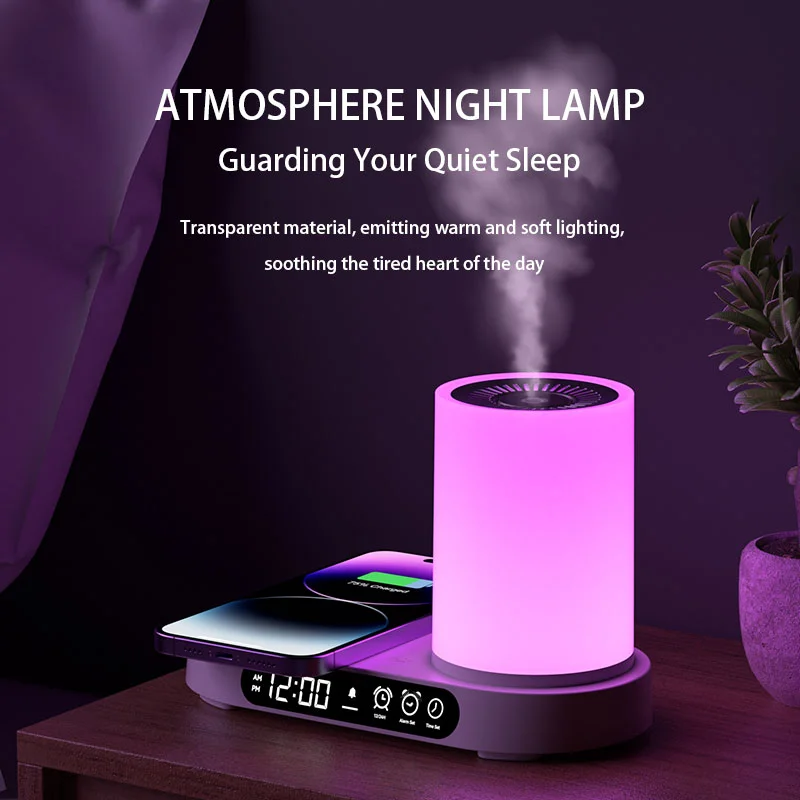 

New Arrival Multifunctional Aroma Diffuser Wireless Charger Atmosphere Night Lamp Digital Alarm Clock Portable Bluetooth Speaker