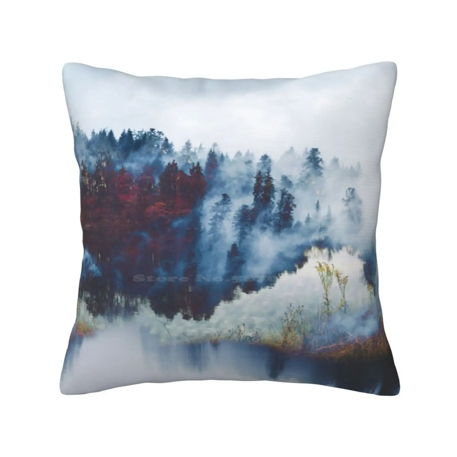 

Fog Funny Cute Decor Square Pillowcase Landscape Foggy Lake Clear Snow Tree Woods Forest