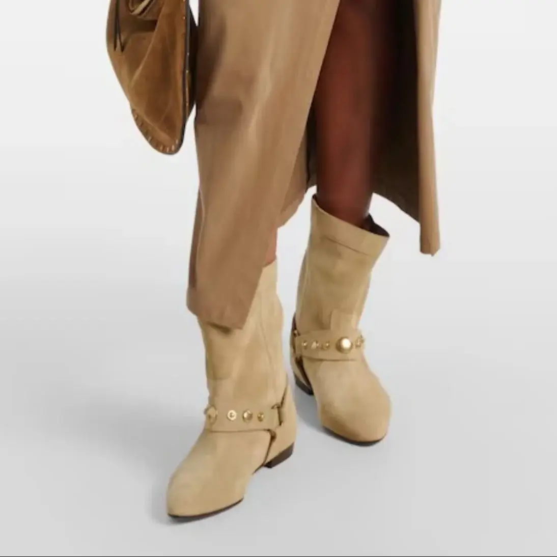 벨트 버클 스웨이드 뾰족한 앞코 숏부츠 야외용 굵은 굽 메탈 버튼 장식 여성용 웨스턴 부츠 보헤미안 스타일 신발