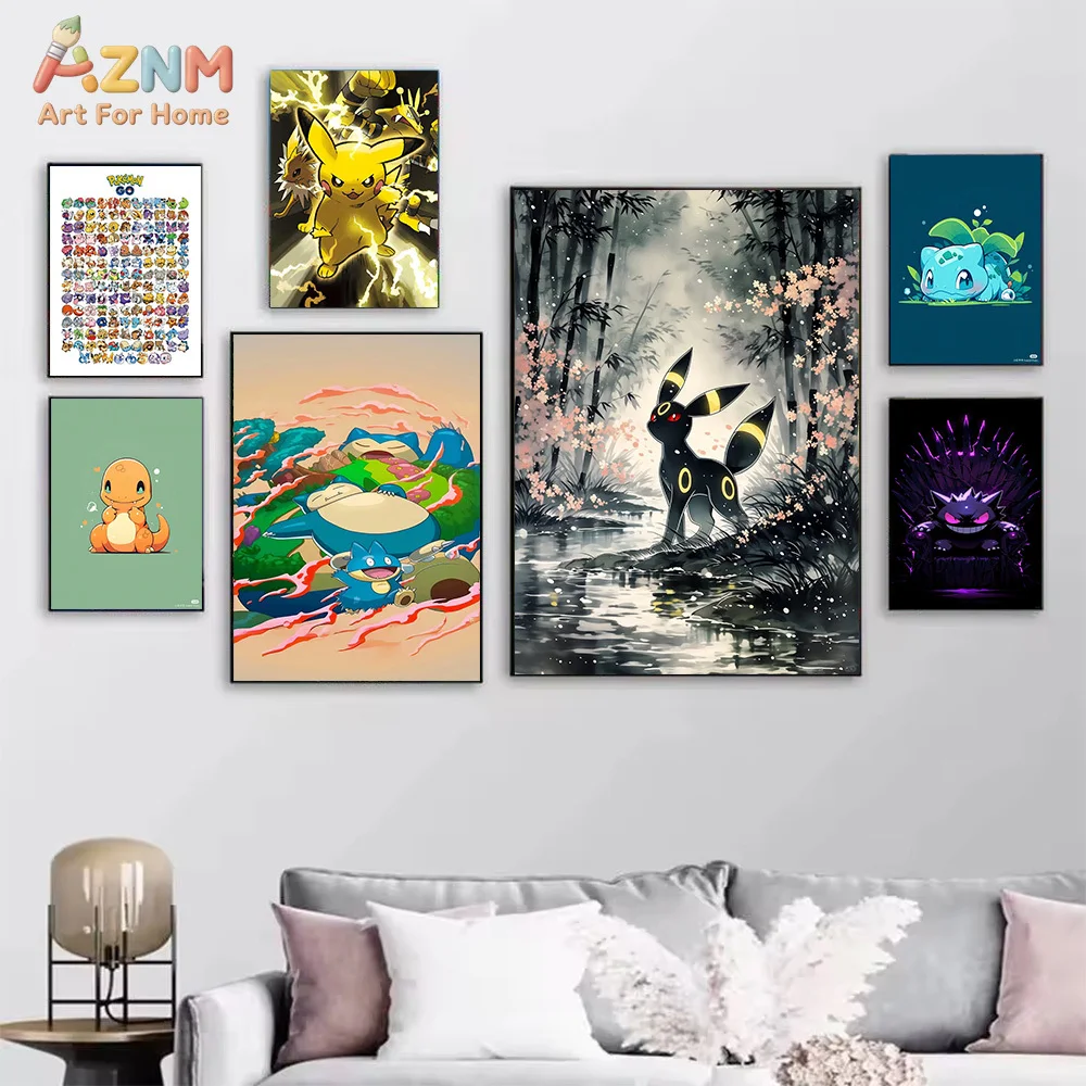 AZNM Pokemon Anime Canvas Painting Blastoise Pikachu Charmander Bulbasaur Gengar Wall Art Print Home Decor No Frame