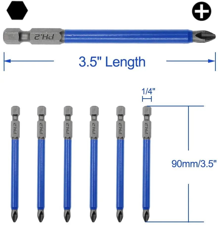 10 Chiếc 90Mm PH2 Chéo Bit Đầu Mũi Khoan Vít Bit Dụng Cụ Cầm Tay Chống Trượt Điện Chuôi Lục Giác Từ Tua Vít mũi Khoan