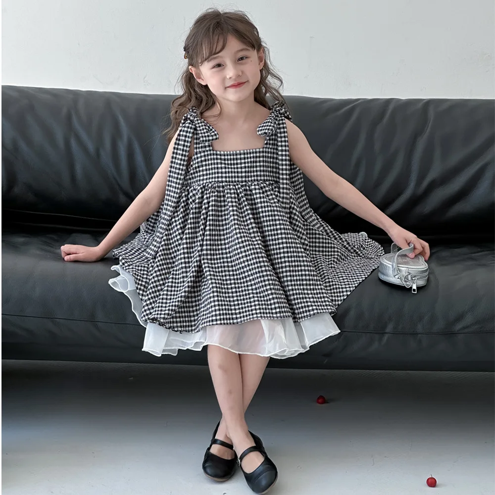 Girl Dress Children 2024 Summer Korean Style Girls Plaid Slip Dress Girl Treasure Bow Tie Pompadour Gauze Princess Dress