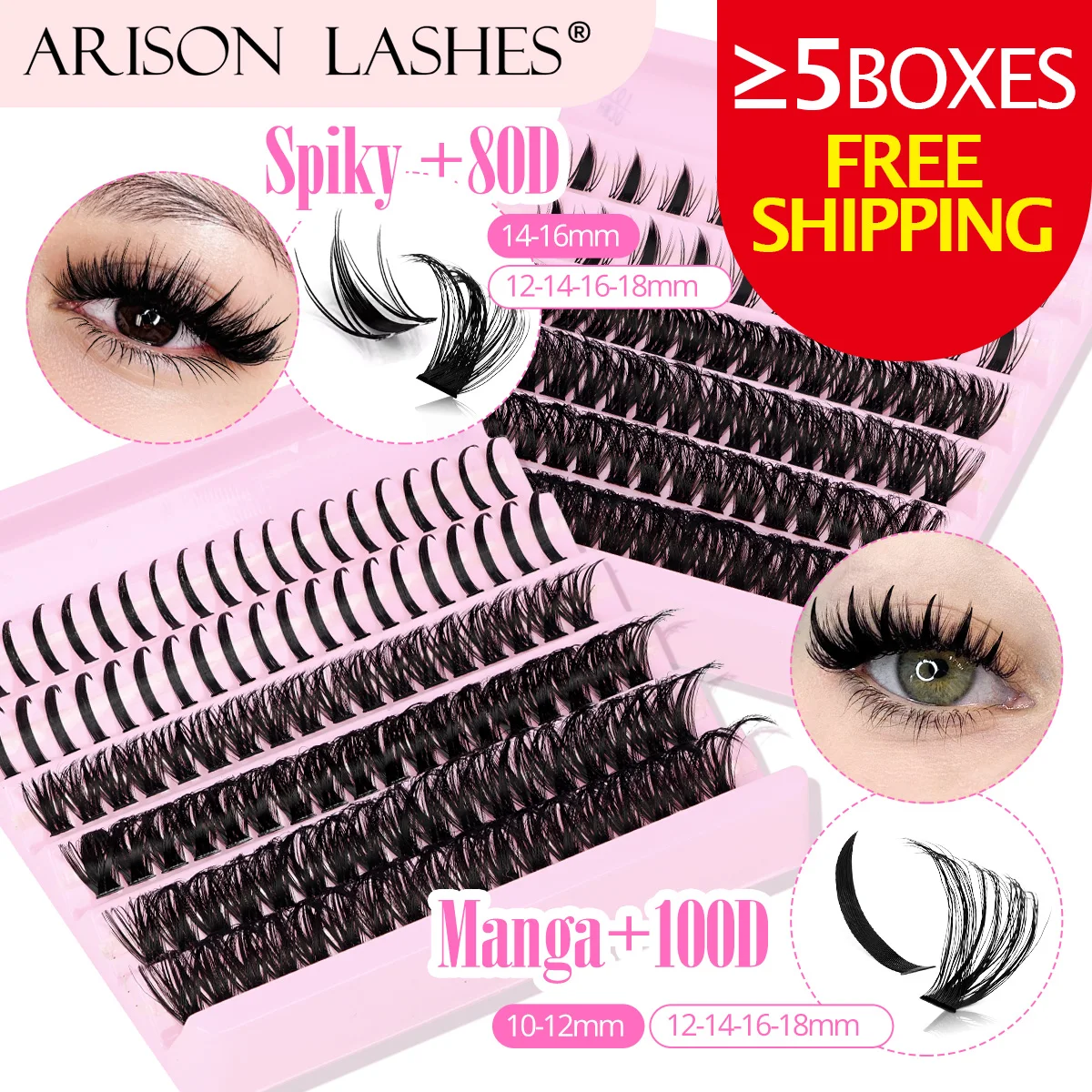 ARISON 80D/100D Spiky Manga Lower Lash Clusters 12-18mm DIY Thick Volume False Eyelashes Set for Daily Party Home Use