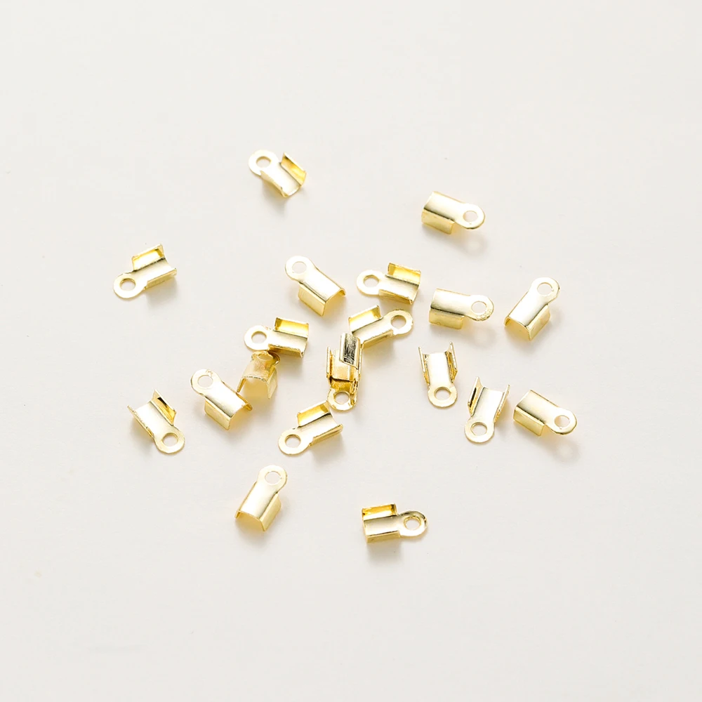 50Pcs 14K/18K Gold Color Plated Brass End Caps String Ribbon Leather Clip Tip Fold Crimp Bead Connectors for DIY Jewelry Making