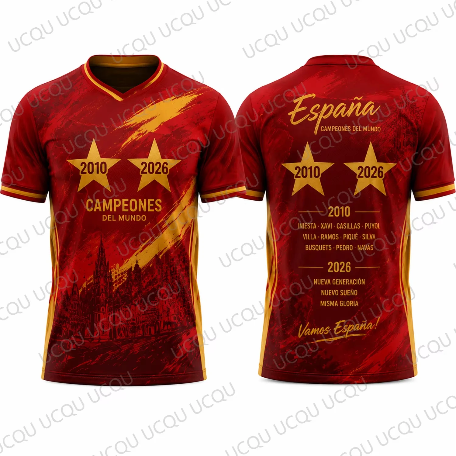 Spain Champions 2010 2026 Tribute Jersey Red Gold Soccer Fan Shirt Unisex Short Sleeve Football Sports Tee Gift