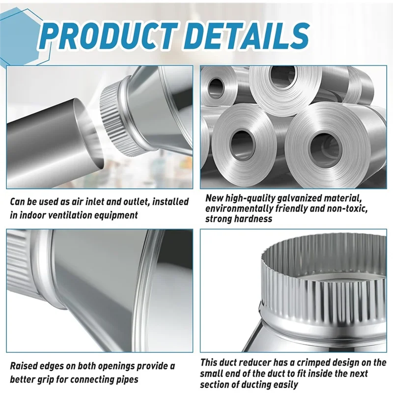 ABNO-Round Crimped Pipe Galvanized Steel Air Duct Adapter 7 Inch To 4 Inch Reducer Increaser For HVAC Ventilation System