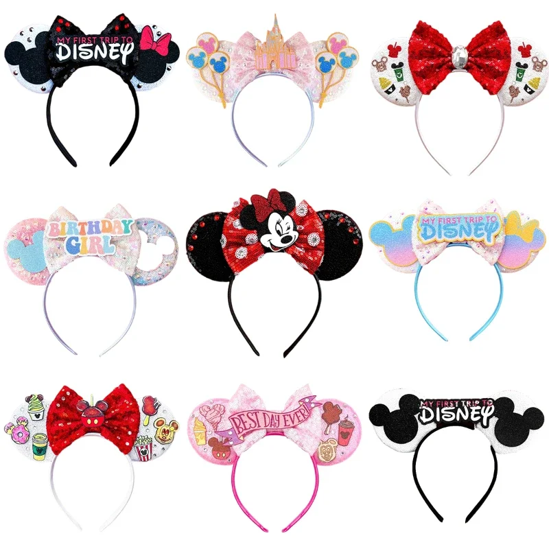 Disney Mickey Mouse Ears Headbands Girl Minnie Hairbands Kids Stitch Headwear For Women Bows Sequins Hair Accessories Party Gift