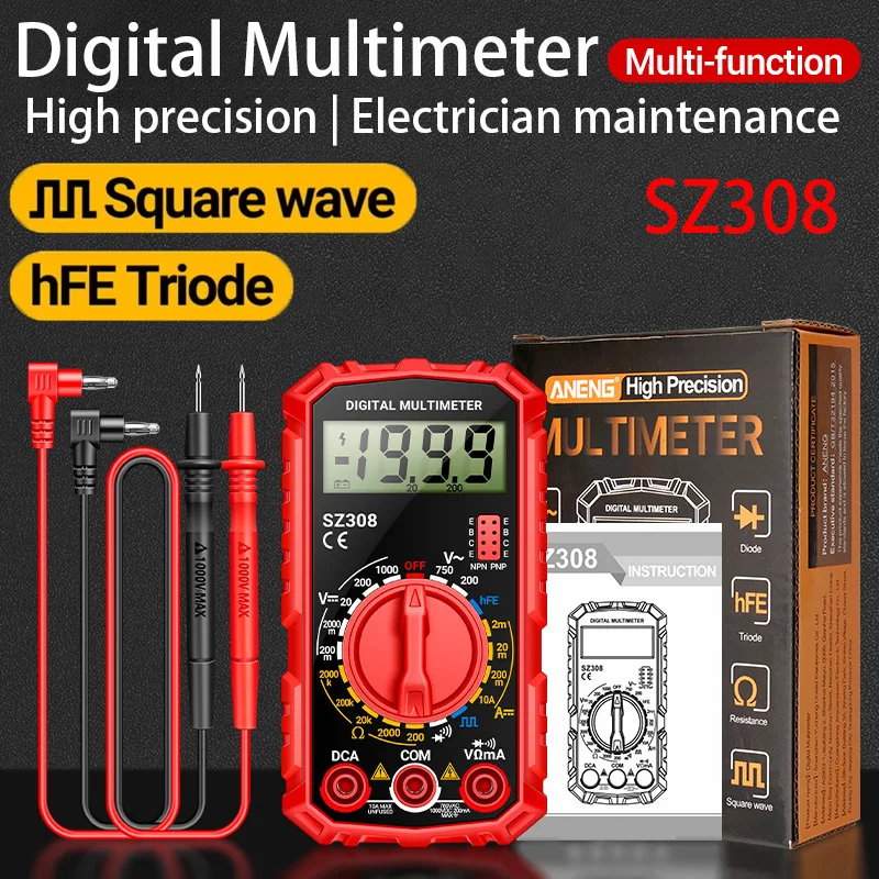 

SZ308 Digital Multimeter Voltage Resistance Meter AC/DC/Ohm Volt Current Meter Electrician LCD Backlight Square Wave Battery Tes