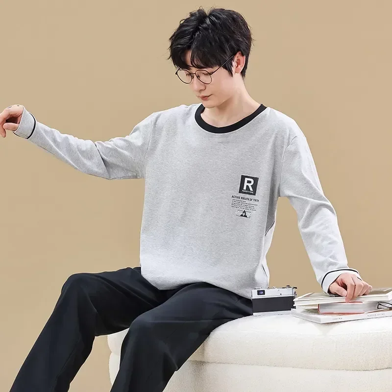 Домашняя одежда, мужская пижама, мужская одежда для дома, осенняя корейская хлопковая свободная зимняя одежда для сна, комплекты домашнего костюма с рукавами, 2023, длинные