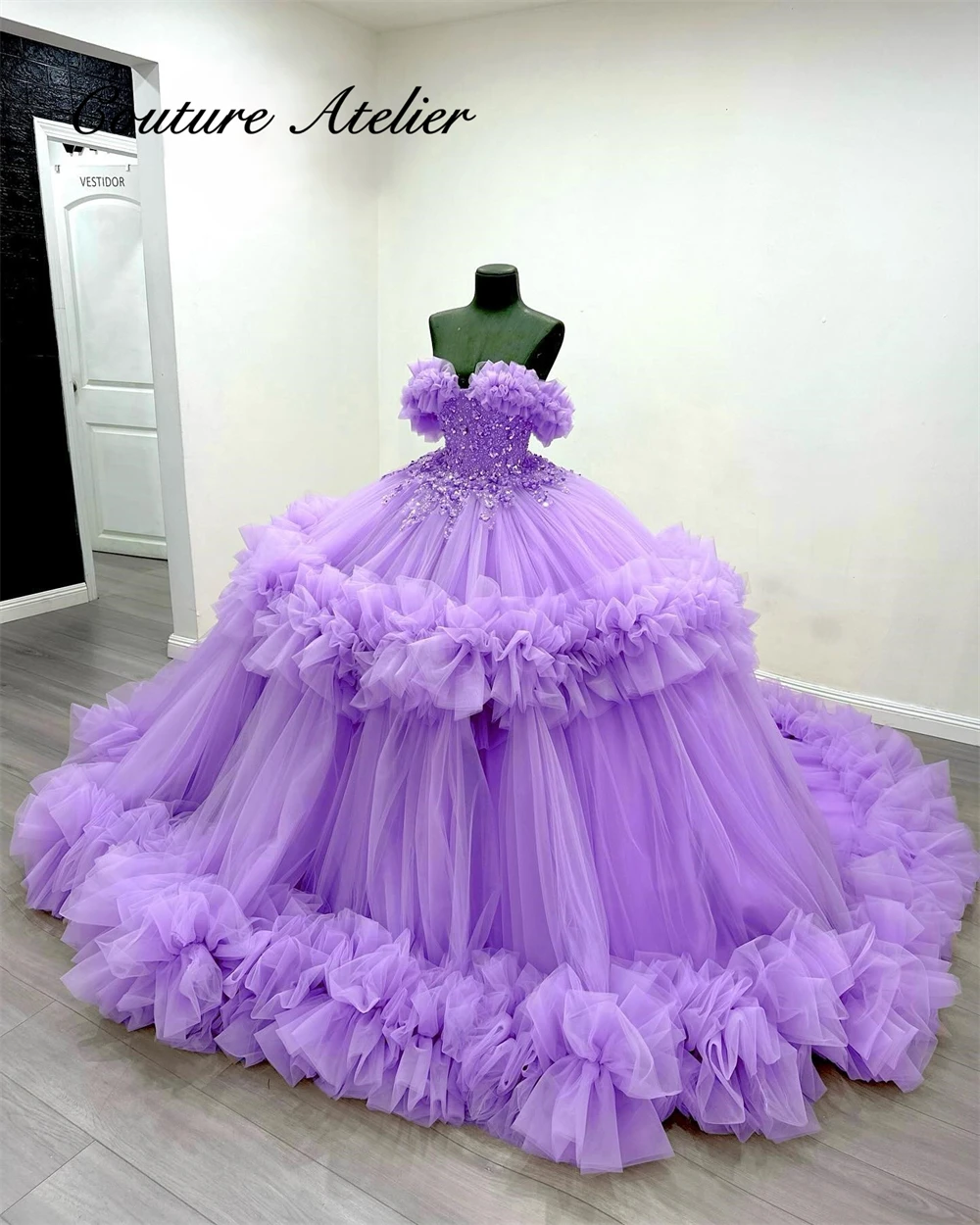 Robe de Quinceanera avec appliques perlées violettes romantiques, robe de Rhavec train froncé en tulle, personnalisée, Mexique, 15, 2025 de réduction