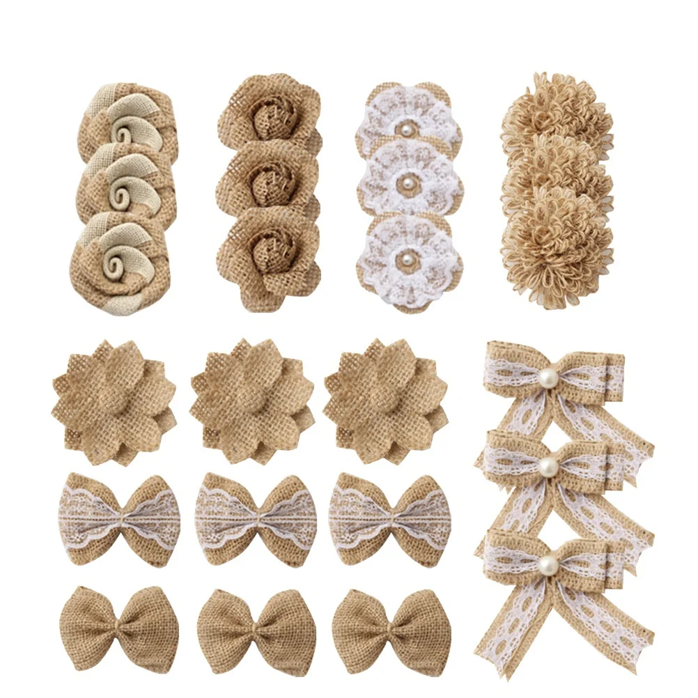 

24pcs Jute Flower Set Burlap Flowers Diy Craft Ornament Vintage Rustic Wedding Party Christmas Decoration Scrapbook Hair