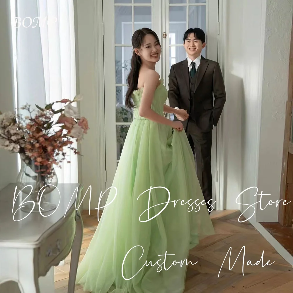 

BOMP Pastrol Green Wedding Party Dress Strapless Pleat Sweep Train Tulle Korea Photo Shoot Bridal Reception Gown Customized