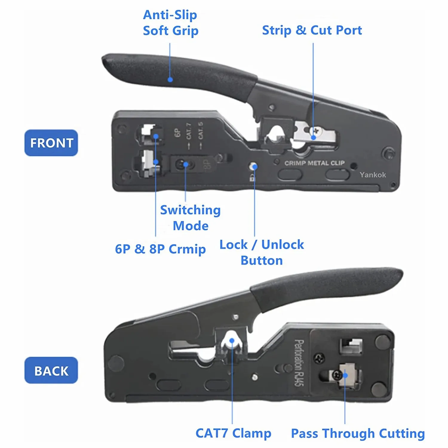 WoeoW All-in-One Pass Through Crimper for RJ45 RJ12 RJ11 Standard and Shielded Network Connectors and CAT5/5e CAT6 CAT6a CAT7