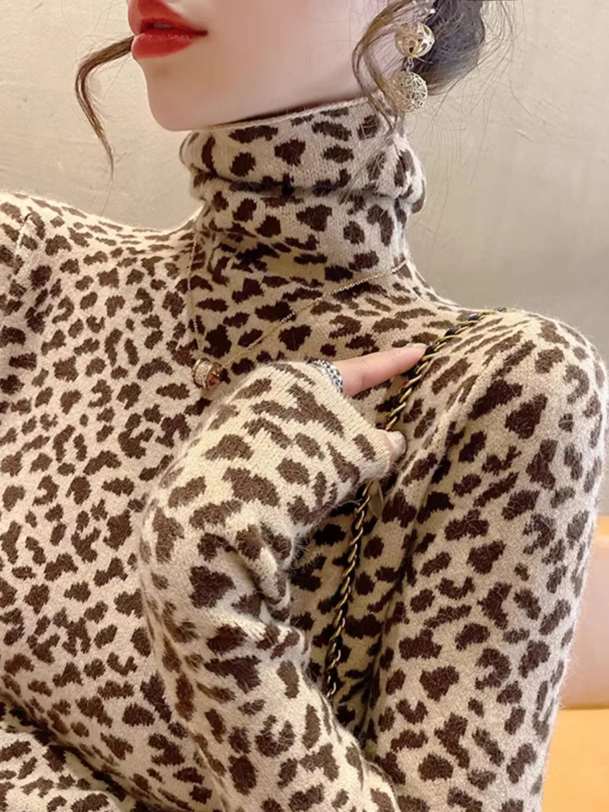 

Faionable Leopard Print High Ne Sweater Women's Base irt Korean Sle Straight Cut Long Sve Knitted Top for Office