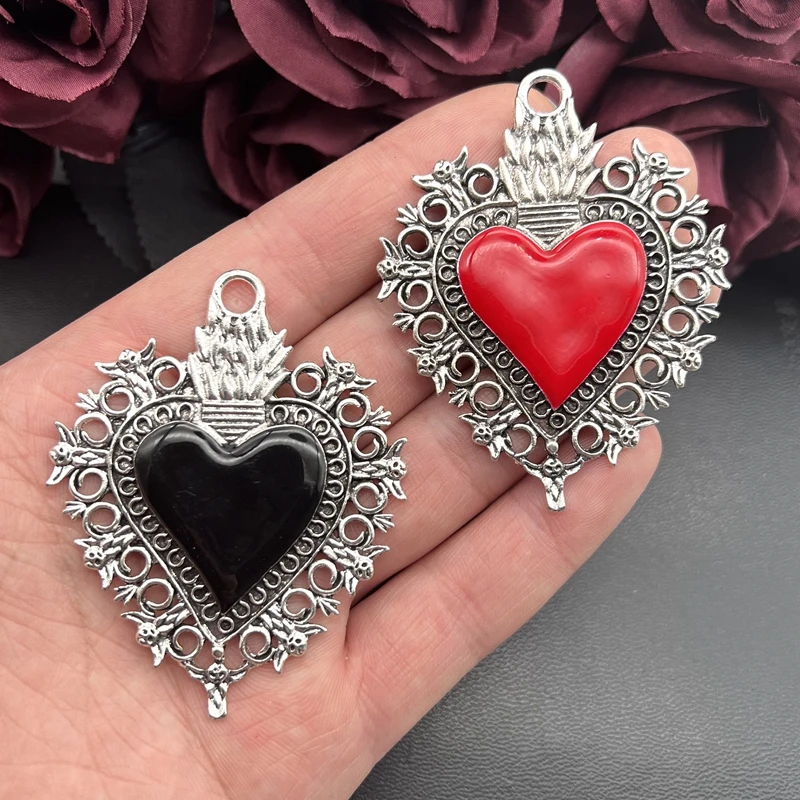 1pcs 67*54mm Large Boho Filigree Heart Matt Charms Pendants for DIY Necklace Jewelry Making Accessories Enameled Sacred Heart
