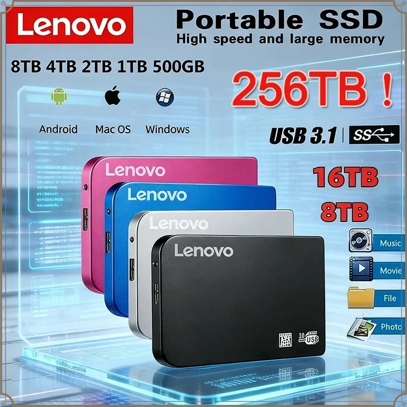 

Внешний корпус для высокоскоростного SSD-накопителя Lenovo 128 ТБ с USB 3.0, кабелем USB 3.0 и корпусом из ABS-пластика