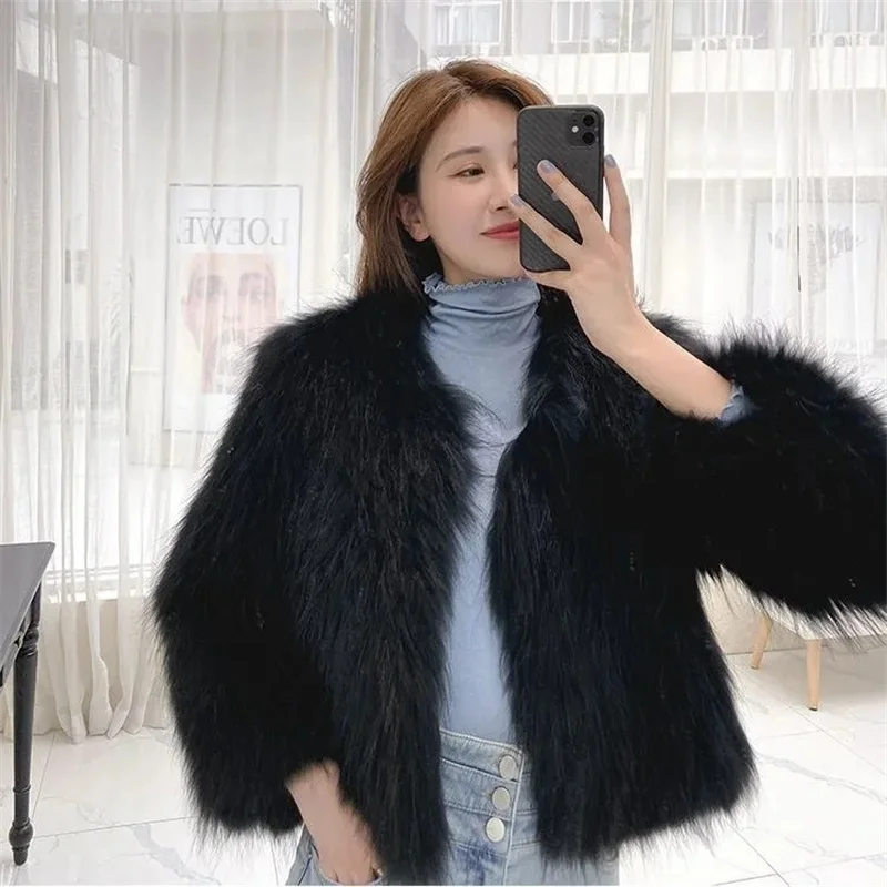 Women Solid Color V-neck Cardigans Faux Fur Autumn Winter Female Loose Faux Fur Coat New Ladies Short Long Sleeves Plush Outwear