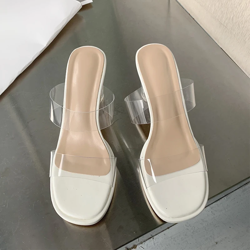 

Square Toe Transparent PVC Crystal Shoes For Women High Heels Slip-on Slides Hollow Summer Beach Shoes Sexy Women Sandals Pumps