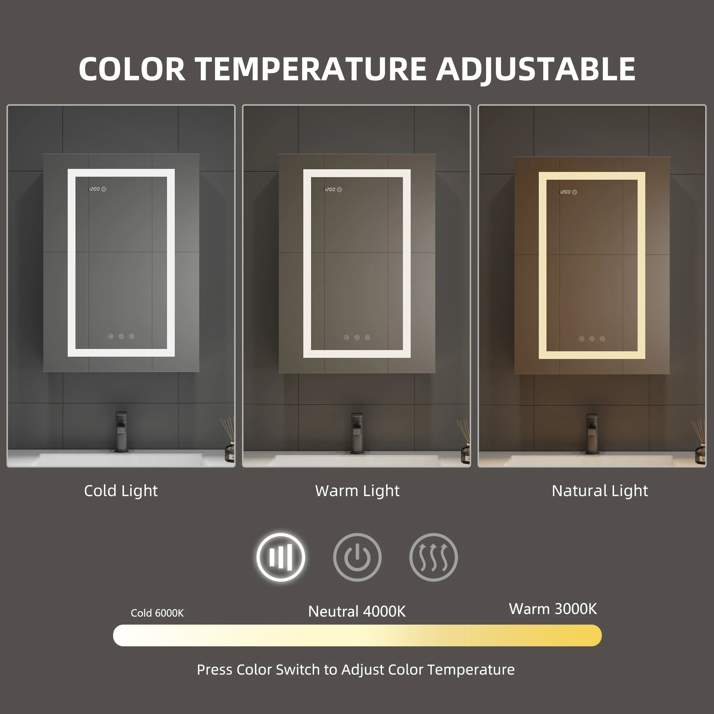 Relógio desembaçador moderno com interruptor de toque e display de temperatura, armário de banheiro de medicina inteligente com espelho LED