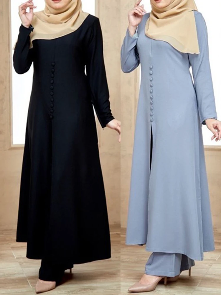 Imagem -03 - Conjunto de Vestido Abaya Muçulmano para Mulheres Top de Manga Comprida Gola em o Calça Árabe Turquia Dubai Eid Ramadan Islâmico Peças