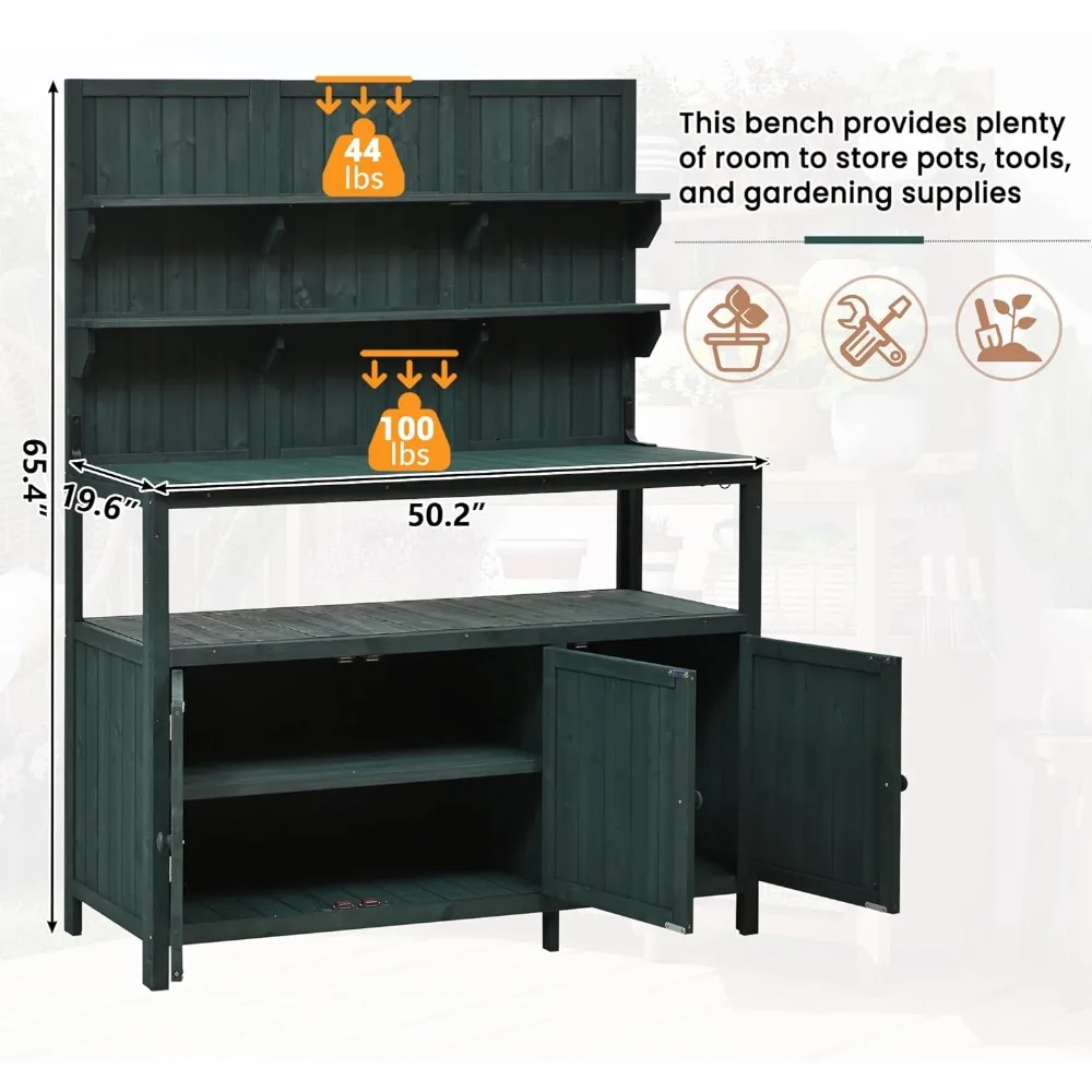 Ławka do doniczek z klatką, stacja robocza ogrodowa z litego drewna jodłowego o długości 50,2 cala, duży blat. 2 półki, 2 szafki, 3 boczne haczyki