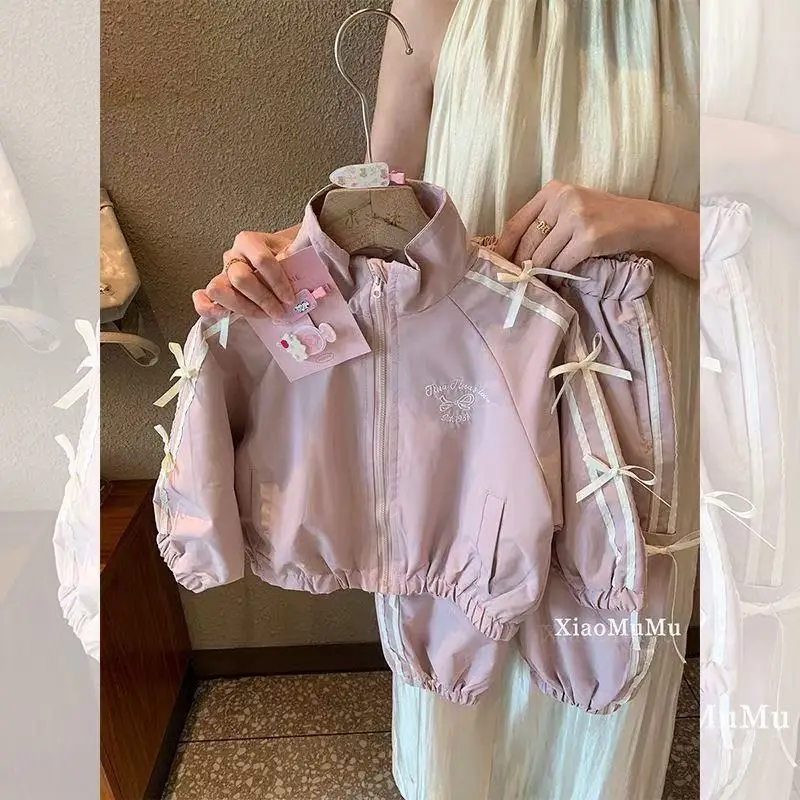 

Girls Set Spring and Autumn 2025 New Style Children's Western Style Korean Edition Bow Coat Pants Casual Sports Two Piece Set