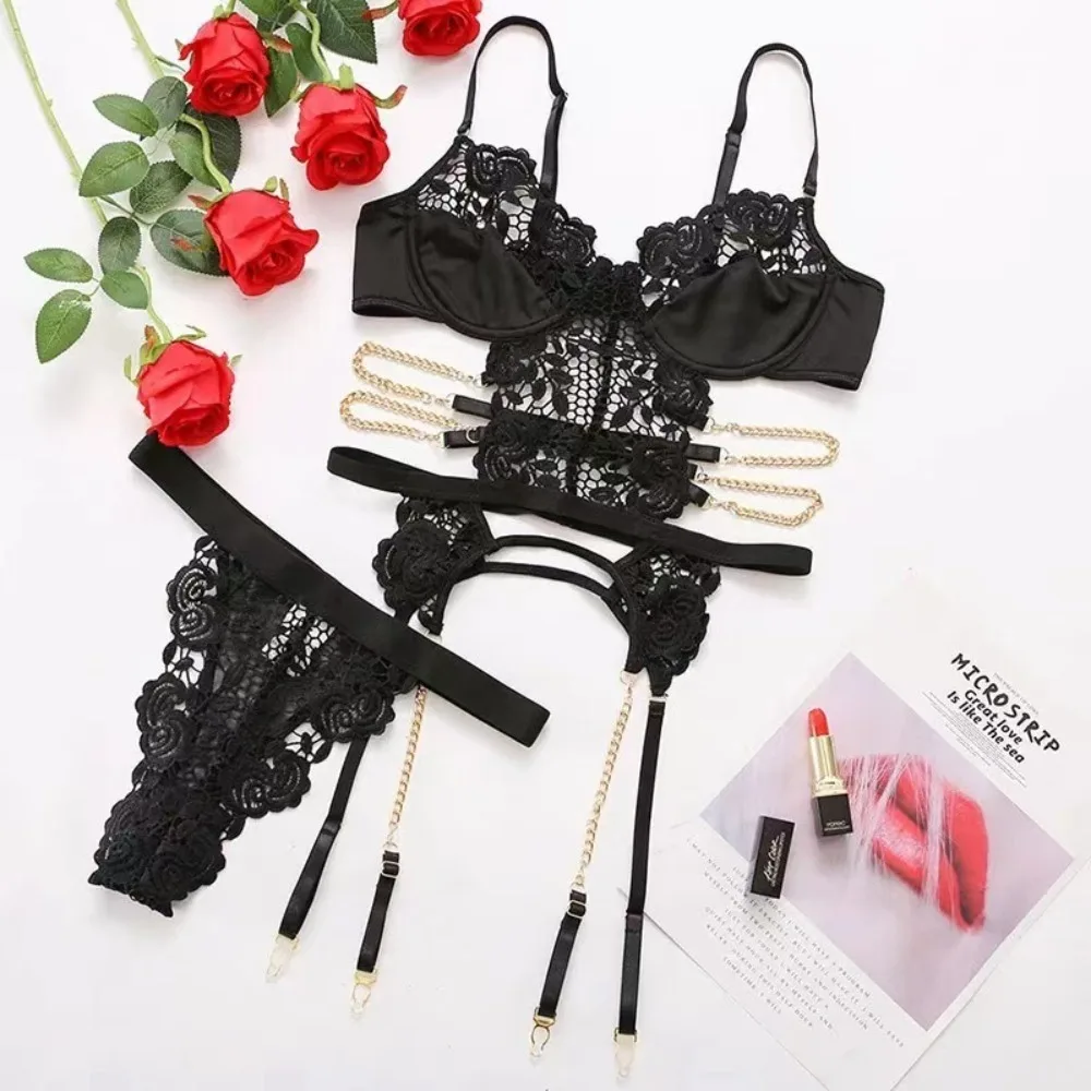 

Women Lace Sexy Lingerie Transparent Fashion Bikini Lingerie Three-point Hollow Back Lace Sexy Two-piece Suit Erotic Sleepwear