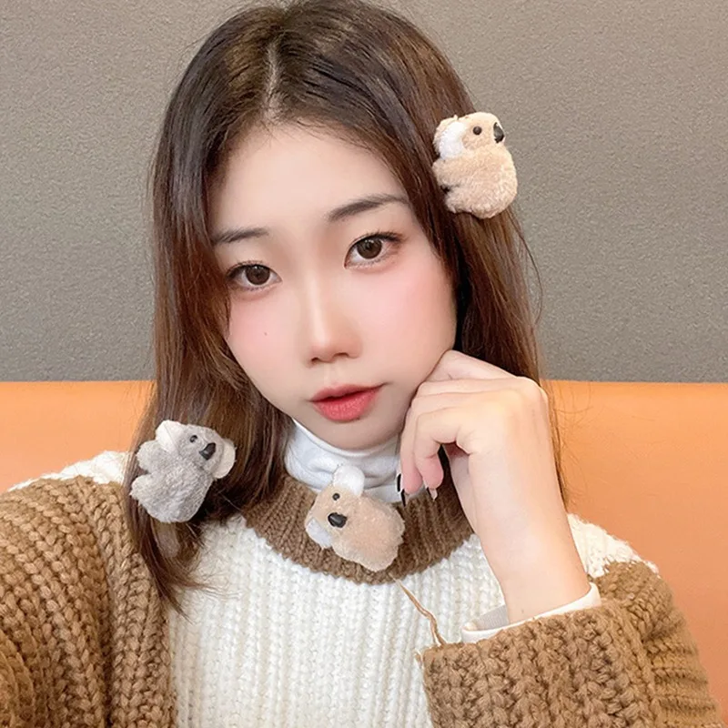 Fluffy Koala Bear Hair Claws Clip Korean Cute Plush Cartoon Animal Side Bangs Clip Hairpins Lady Girls Headwear Hair Accessories