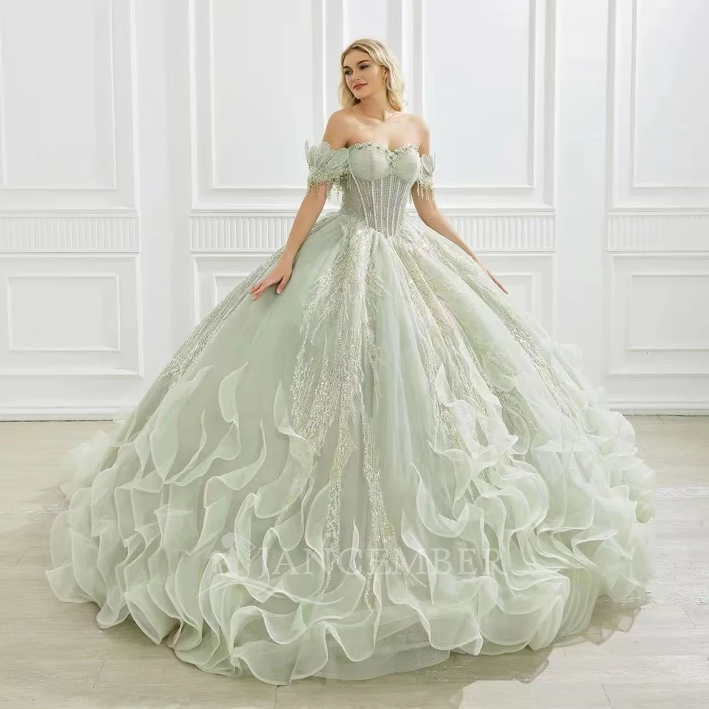 

Princess Quinceanera Dress Short Sleeves Beads Ruffle Sweet 16 Dress Tassel Ball Gown Court Train Customized vestido quinceañera