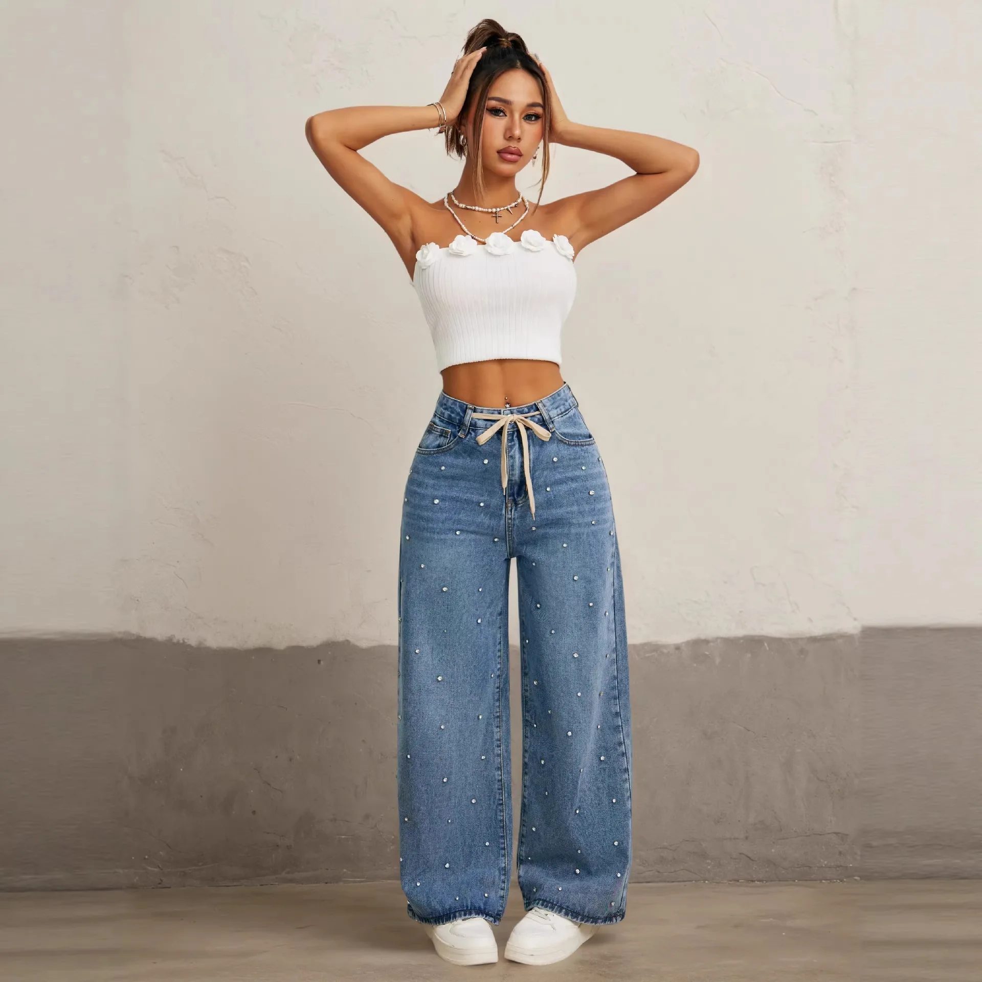 Women's Elegant Pearl Studded Wide Leg Jeans High Waist Drawstring Casual Denim