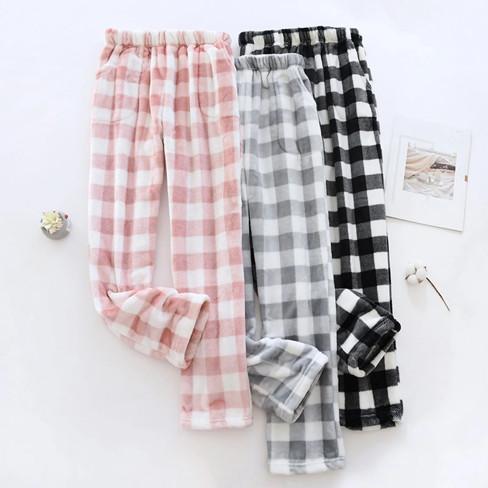 Pantalones de pijama de franela para mujer, cómodos, gruesos, a cuadros, de cintura alta, holgados, informales, rectos, de talla grande, cálidos, para el hogar