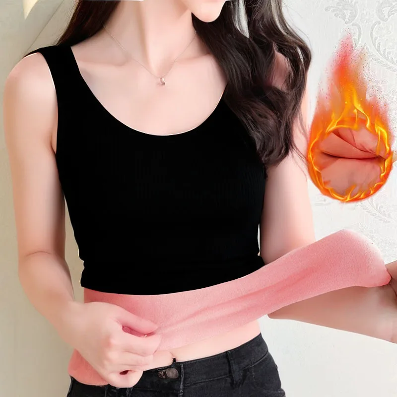 

1pcs Womens Winter Thermal Underwears Top Lady Seamless Plus Velvet Sleeveless Vests Warm Female Undershirt Solid Sexy Lingeries