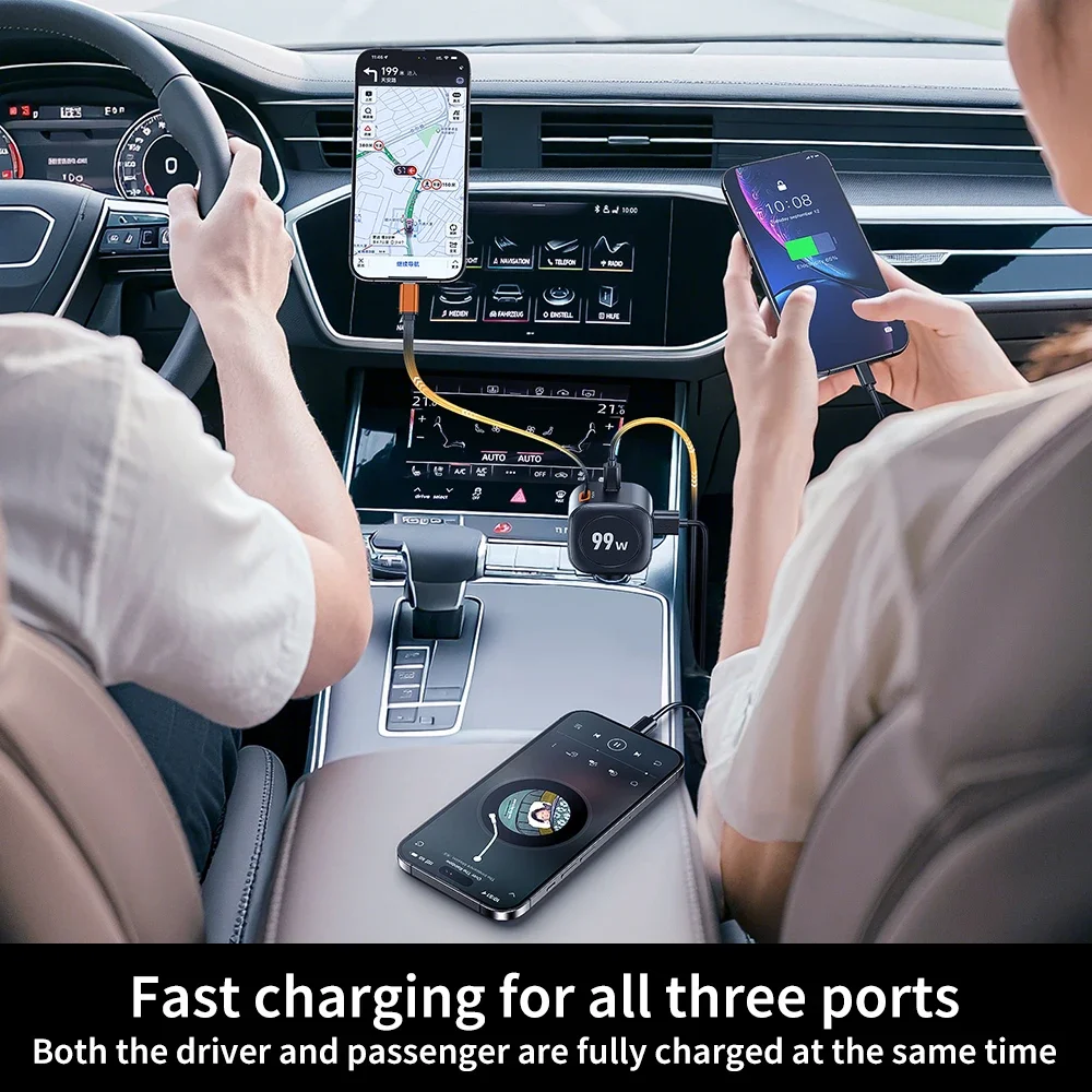 99W Retractable Car Phone Charger USB C PD 45W Fast Charging for iPhone 16 Pro Max, Samsung Galaxy S25 Ultra, Android