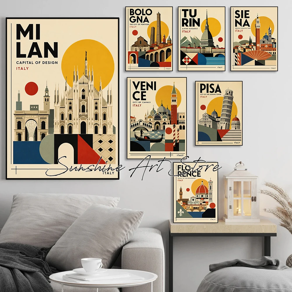 Bauhaus Style Travel Italy Cities Turin Bologna Florence Mid Centry Modern Style Abstract Poster Canvas Painting Wall Pictures