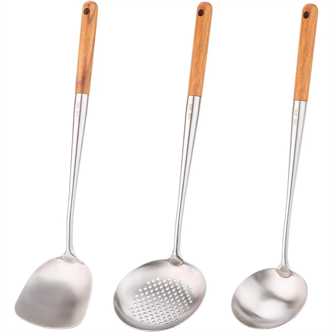 

304 Stainless Steel Wok Spatula and Ladle Set, 17-Inch Long Handle Cooking Utensils, Dishwasher Safe Kitchen Tools