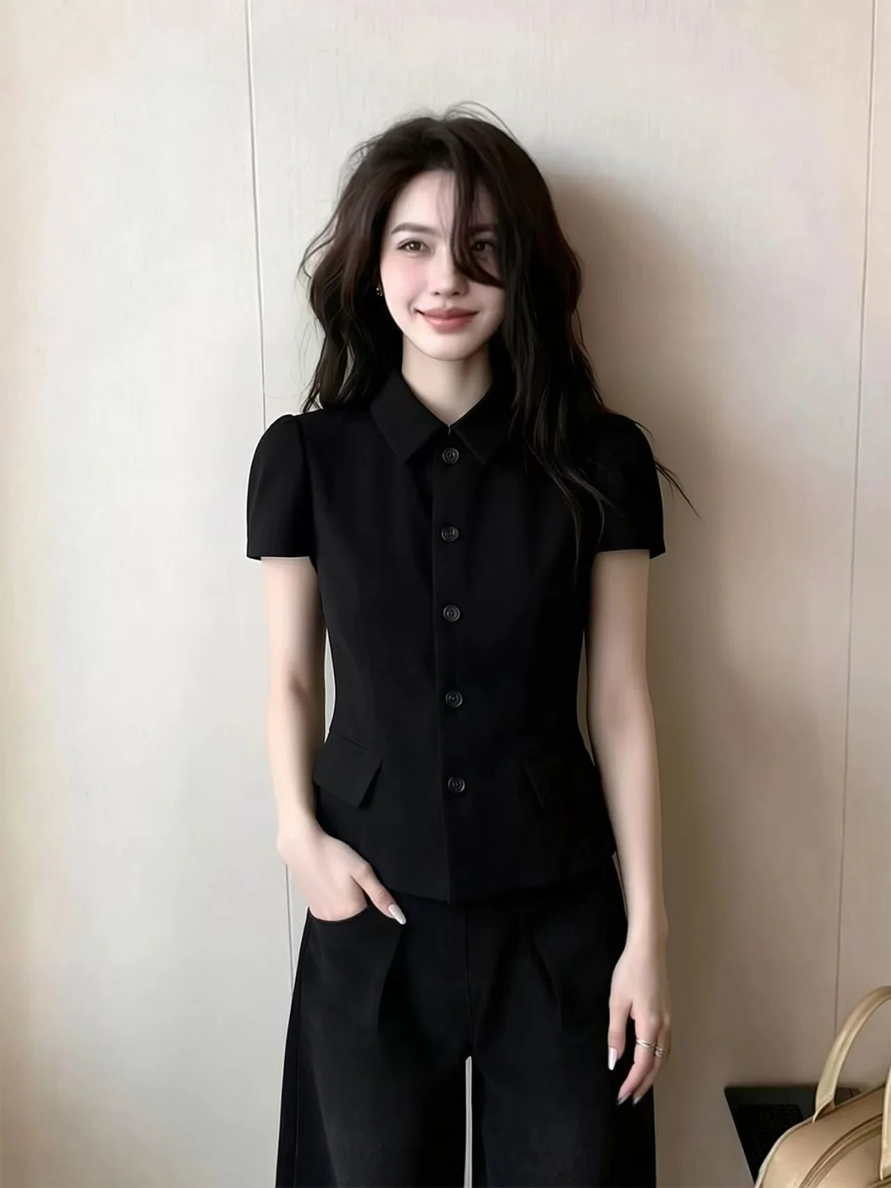 

Black Short Sleeve Collared Shirt Summer Fashion Versatile Slimming Commute Style High-End Feeling Top Women's Business Casual