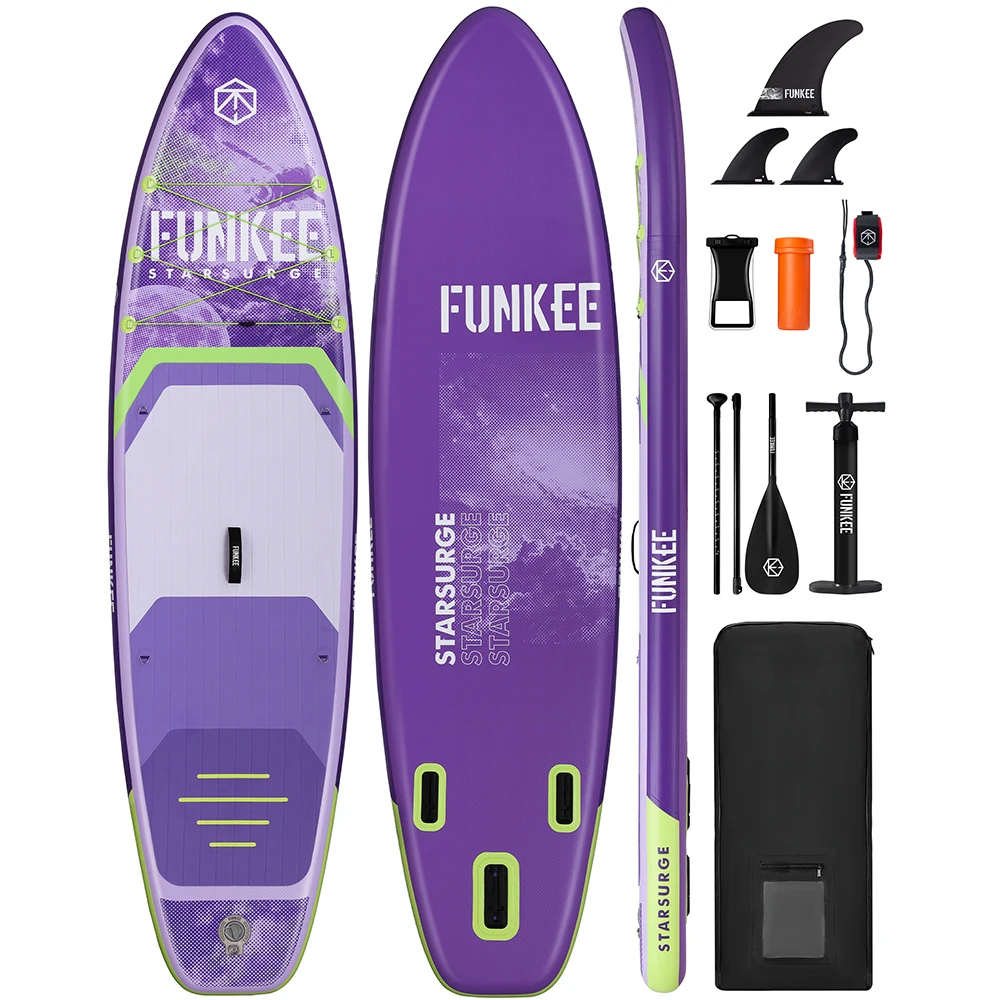 

Надувная водонепроницаемая SUP-доска FUNKEE STARSURGE Purple 11'x34''x6'' для взрослых, для стоячего плавания, с аксессуарами
