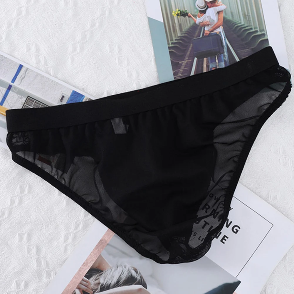 Sexy Men Briefs Satin Oli Shiny Thong Ultra-thin Mesh Perspective Panties Low Waist Breathable Bikini Underpants Sissy Lingerie