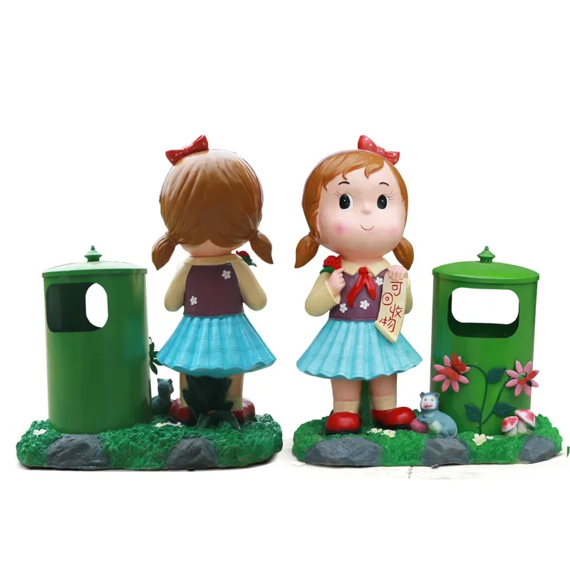 Outdoor cartoon boys and girls trash can ornaments, fiberglass doll character sculptures, flower garden