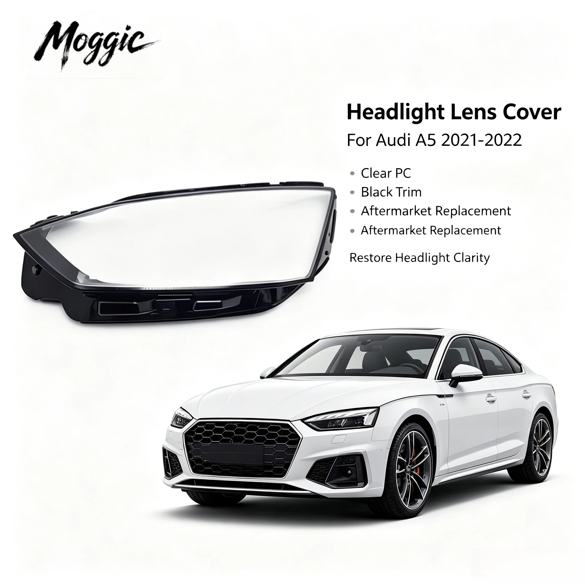 Moggic Clear Headlight Lens Cover Compatible With A5 2021 2022 Sportback S Line Left Right Side Front Lamp Glass Shade