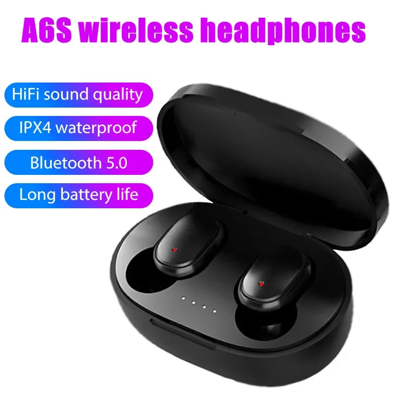 Fones de ouvido Bluetooth TWS com microfone, auscultadores sem fios, som estéreo, auscultadores com cancelamento, auscultadores A6S