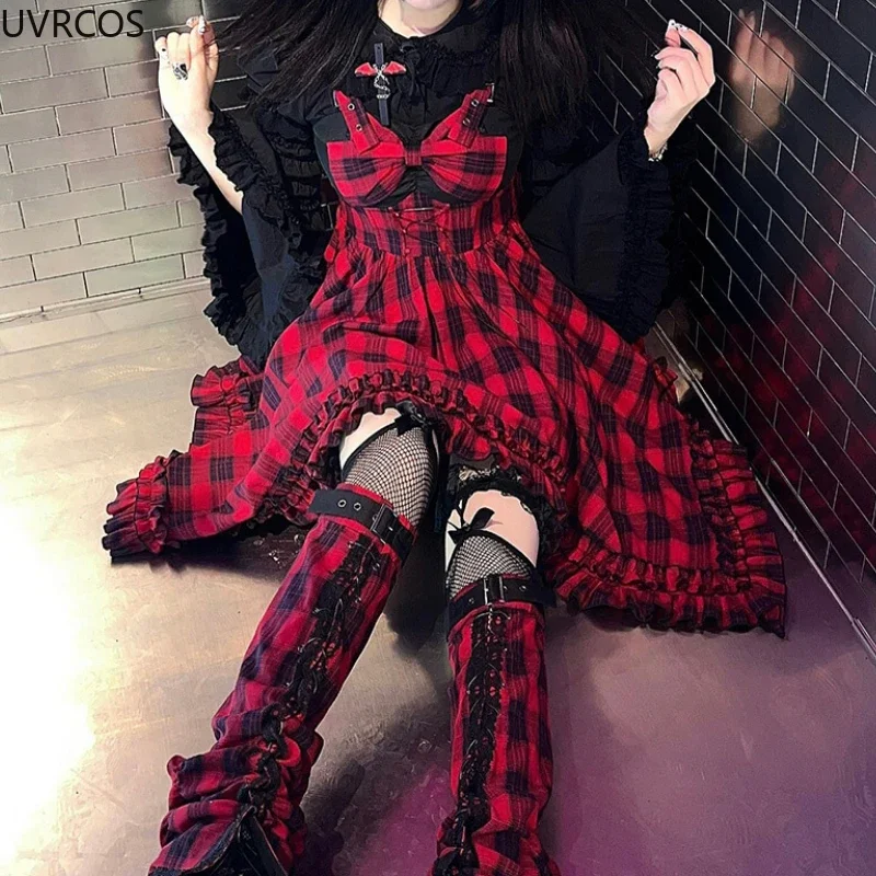 Japanese Y2k Punk Style Lolita Jsk Dress Women Red Bow Plaid Irregular Ruffles Dresses Autumn Clothes Vintage Gothic Party Dress