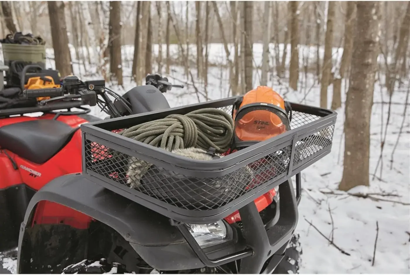 Conjunto universal de cesta de carga dianteira e traseira para ATV, rack de porta-bagagens, malha de aço resistente, 2 peças