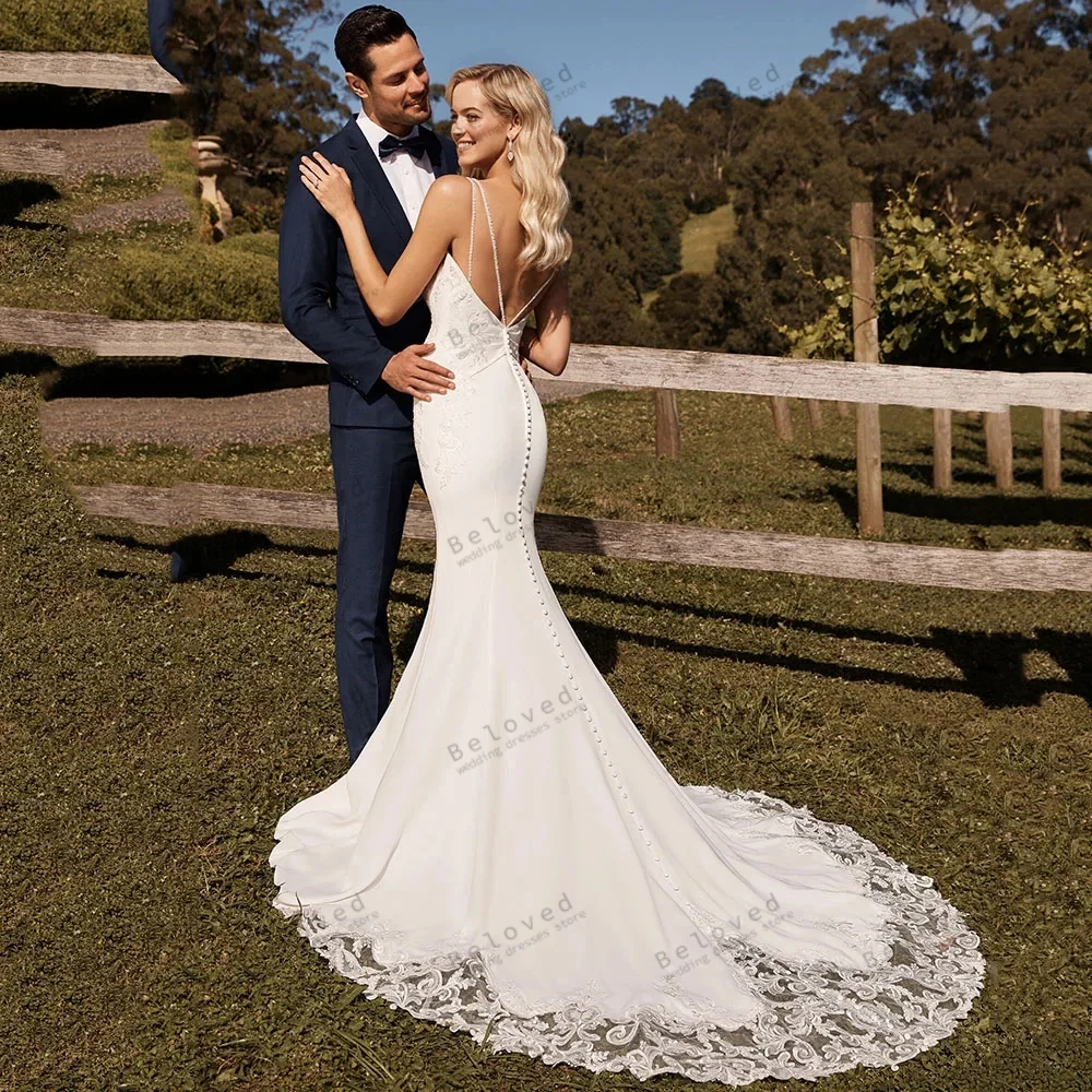 Exquisite Brautkleider Satin Brautkleider Schatz rücken freie Scheide Meerjungfrau Spitze Applikationen boden lange Vestidos de Novia